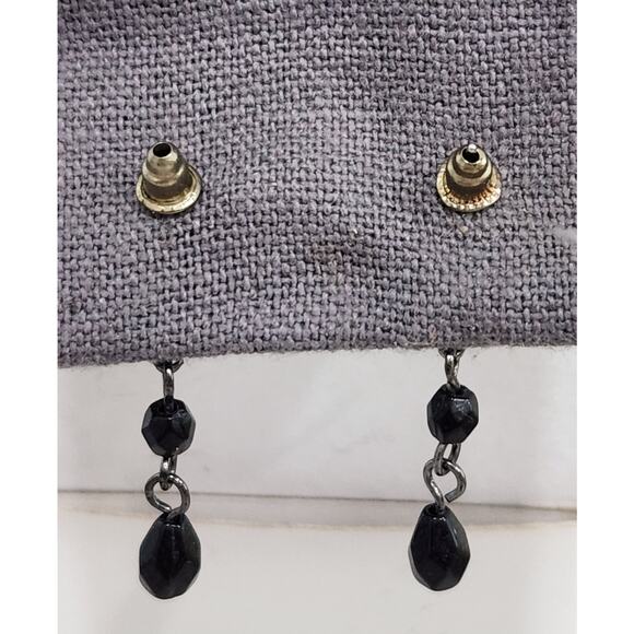 Black And Rhinestones Flower Shape Dangle Stud Earrings 1.5" Long - Picture 2 of 3